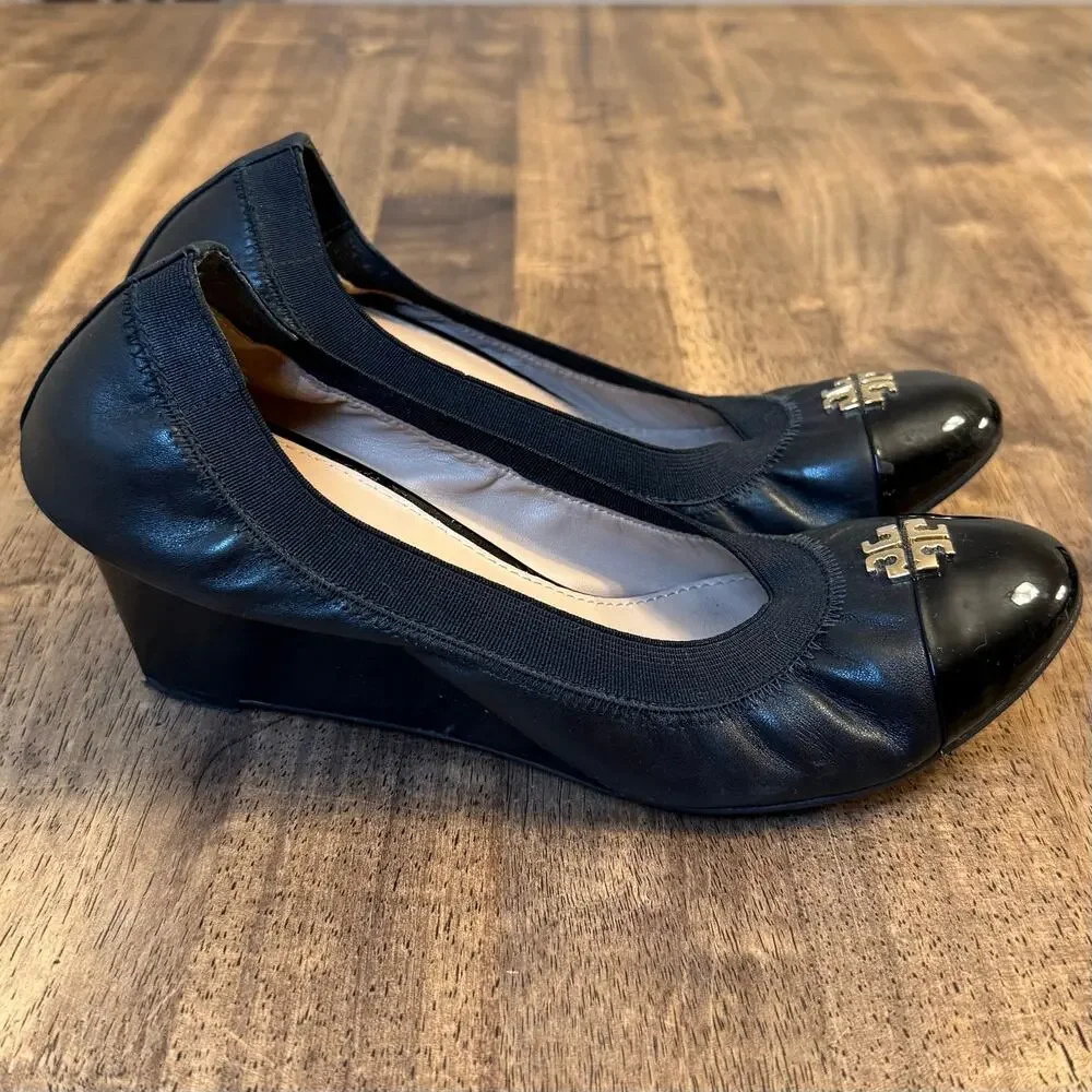 Tory Burch Jolie Ballet Wedge Leather Heel Gold Logo Round toe Black Women's 8.5